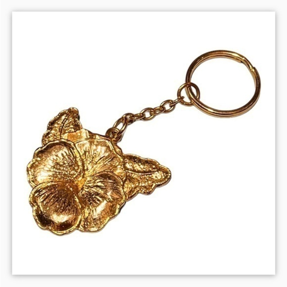 Hibiscus Flower Floral Metal Gold Toned Keychain Tropical Hawaiian Heavy Solid